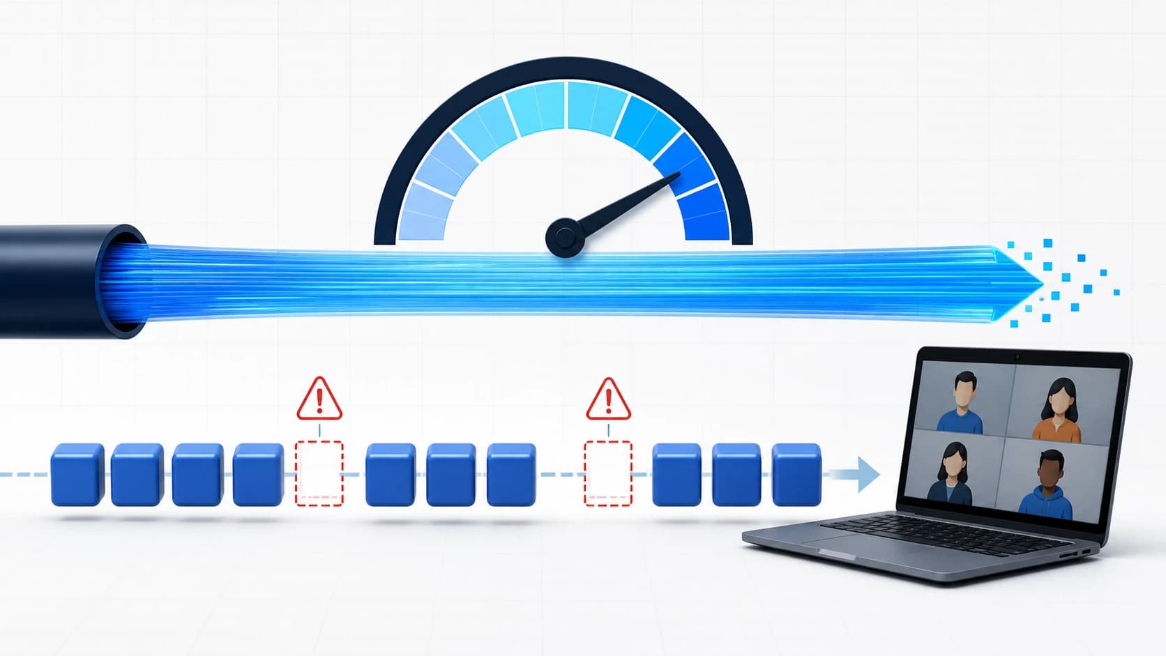 Speed test packet loss comparison showing a high throughput gauge beside a packet stream with missing data