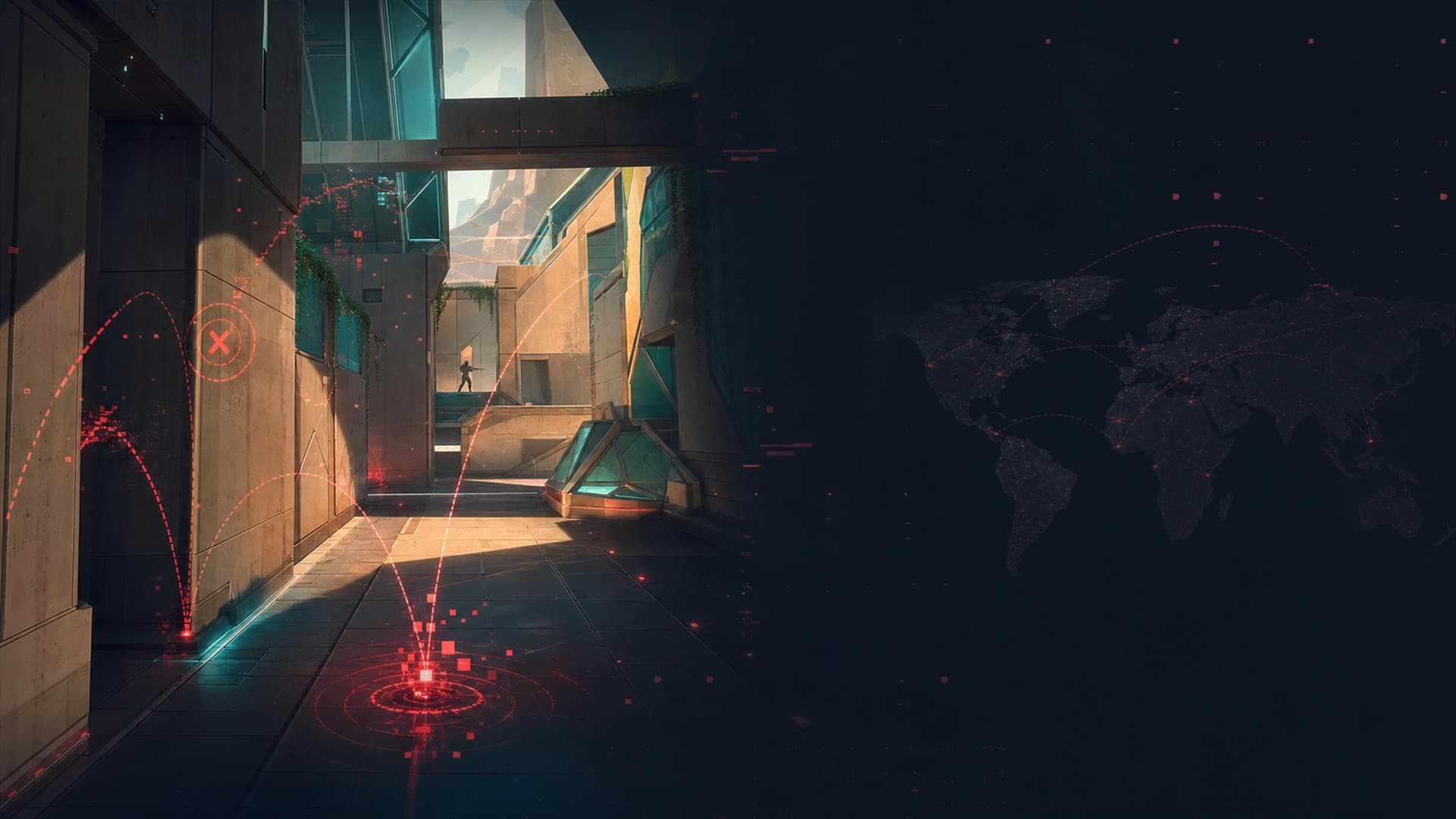 Valorant gameplay scene with network routing graphics for packet loss troubleshooting